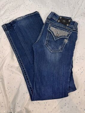 Miss Me Bootcut Jeans Size 28 | Rhinestone Flap Pockets | Low Rise Stretch Denim